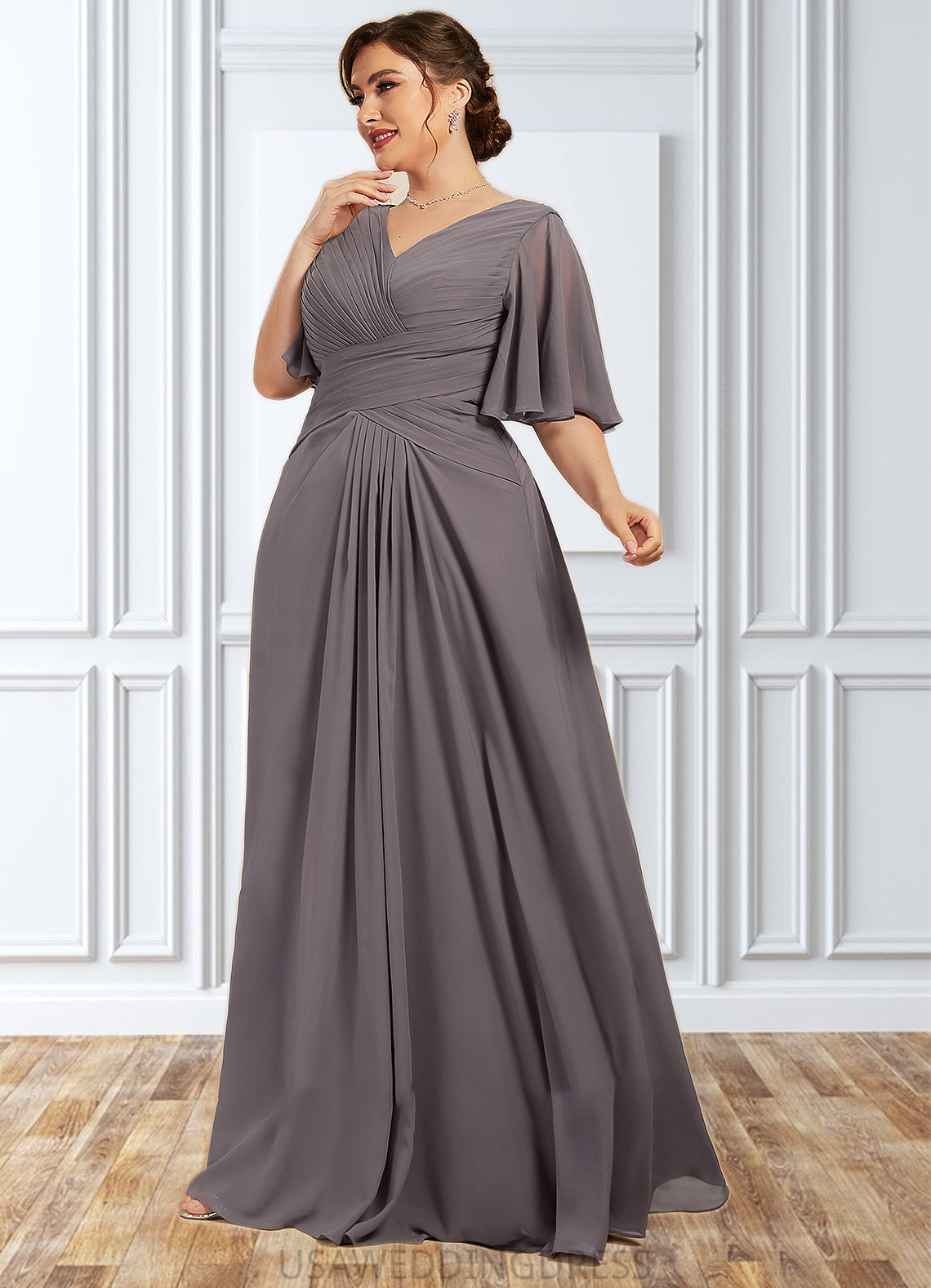 Nora A-Line V-neck Floor-Length Chiffon Mother of the Bride Dress With Ruffle DS126P0014581