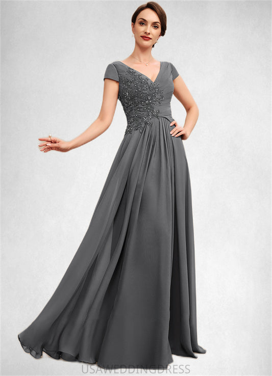 Teagan A-Line V-neck Floor-Length Chiffon Mother of the Bride Dress With Ruffle Lace Beading Sequins DS126P0014582