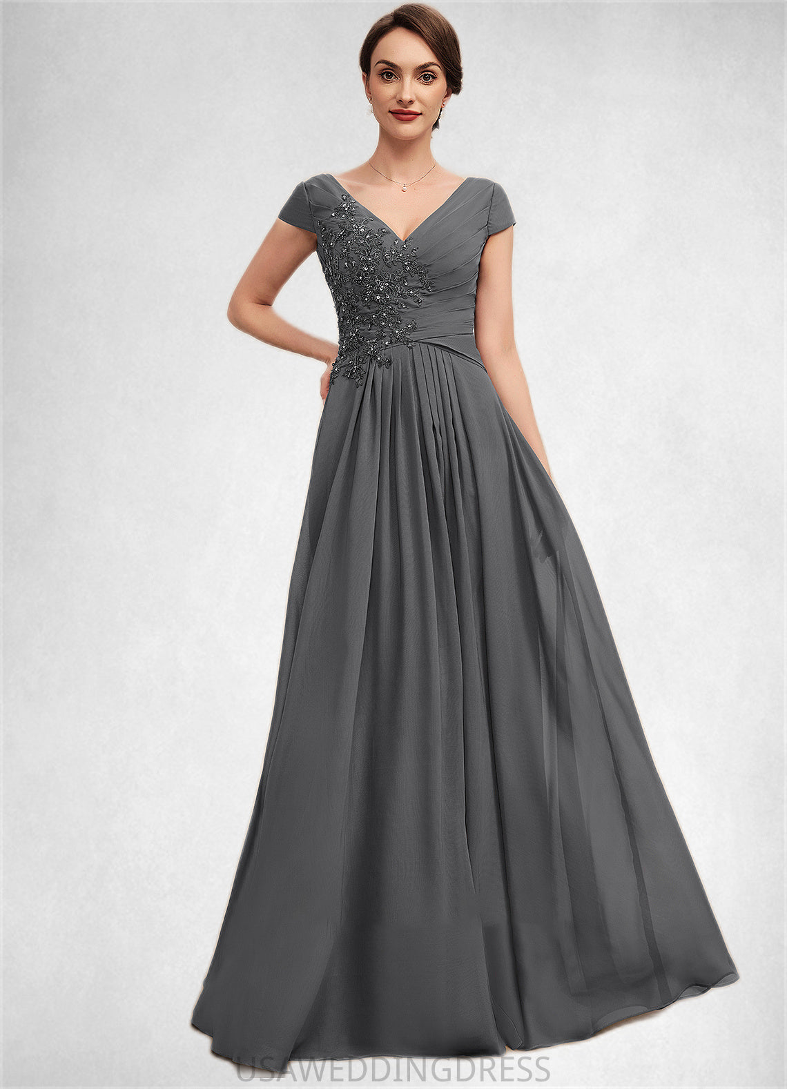 Teagan A-Line V-neck Floor-Length Chiffon Mother of the Bride Dress With Ruffle Lace Beading Sequins DS126P0014582