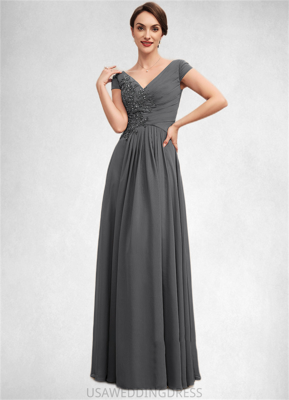 Teagan A-Line V-neck Floor-Length Chiffon Mother of the Bride Dress With Ruffle Lace Beading Sequins DS126P0014582