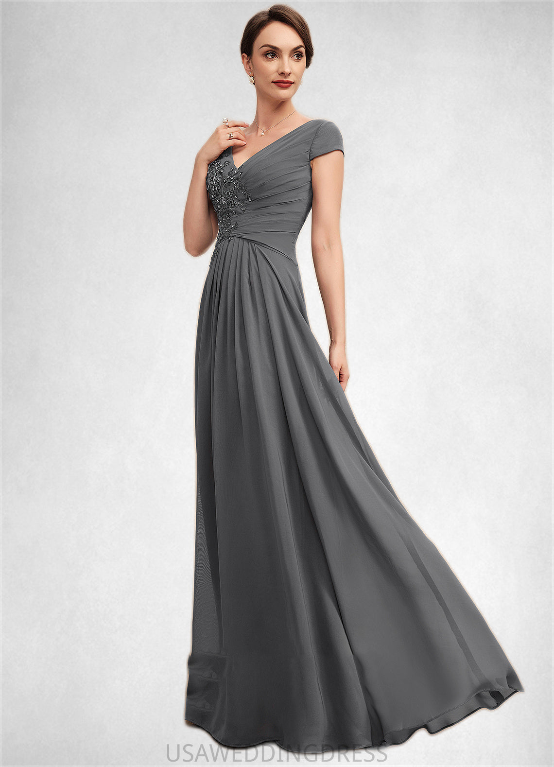 Teagan A-Line V-neck Floor-Length Chiffon Mother of the Bride Dress With Ruffle Lace Beading Sequins DS126P0014582