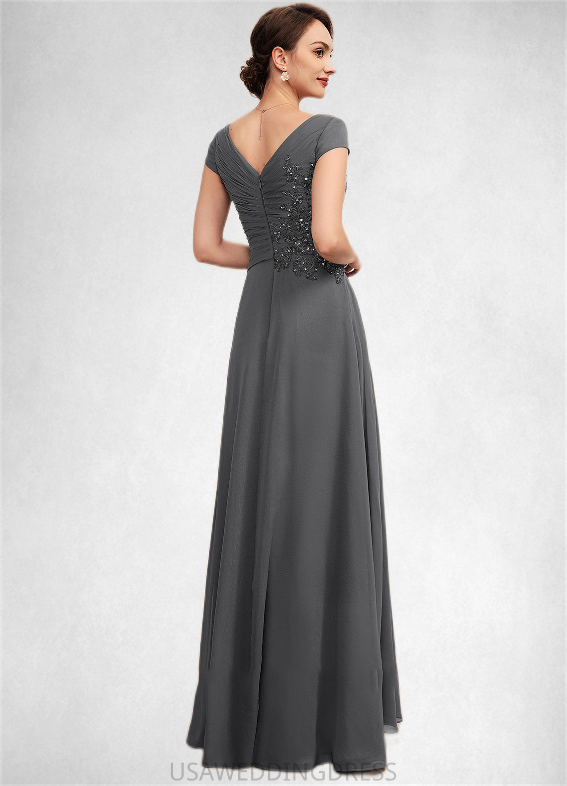 Teagan A-Line V-neck Floor-Length Chiffon Mother of the Bride Dress With Ruffle Lace Beading Sequins DS126P0014582