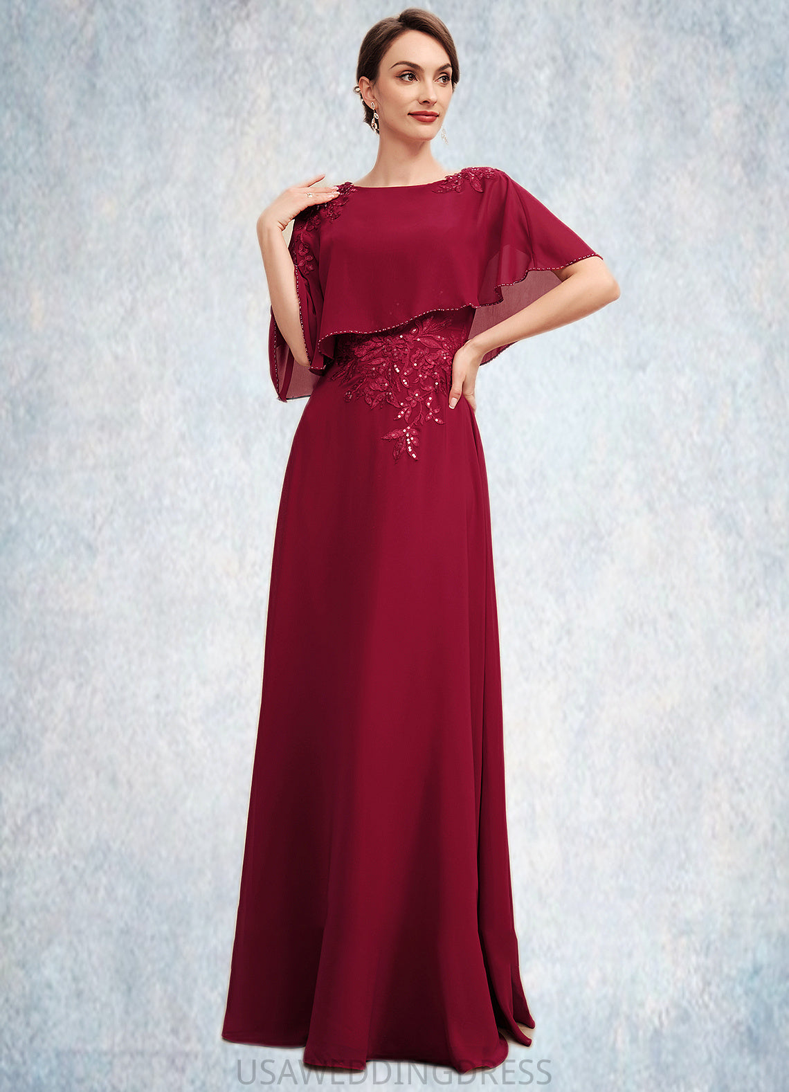 Mina A-Line Scoop Neck Floor-Length Chiffon Mother of the Bride Dress With Lace Beading Sequins DS126P0014583