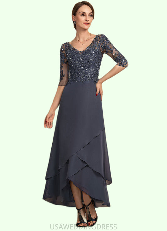 Frederica A-line V-Neck Asymmetrical Chiffon Lace Mother of the Bride Dress With Beading Sequins DS126P0014584