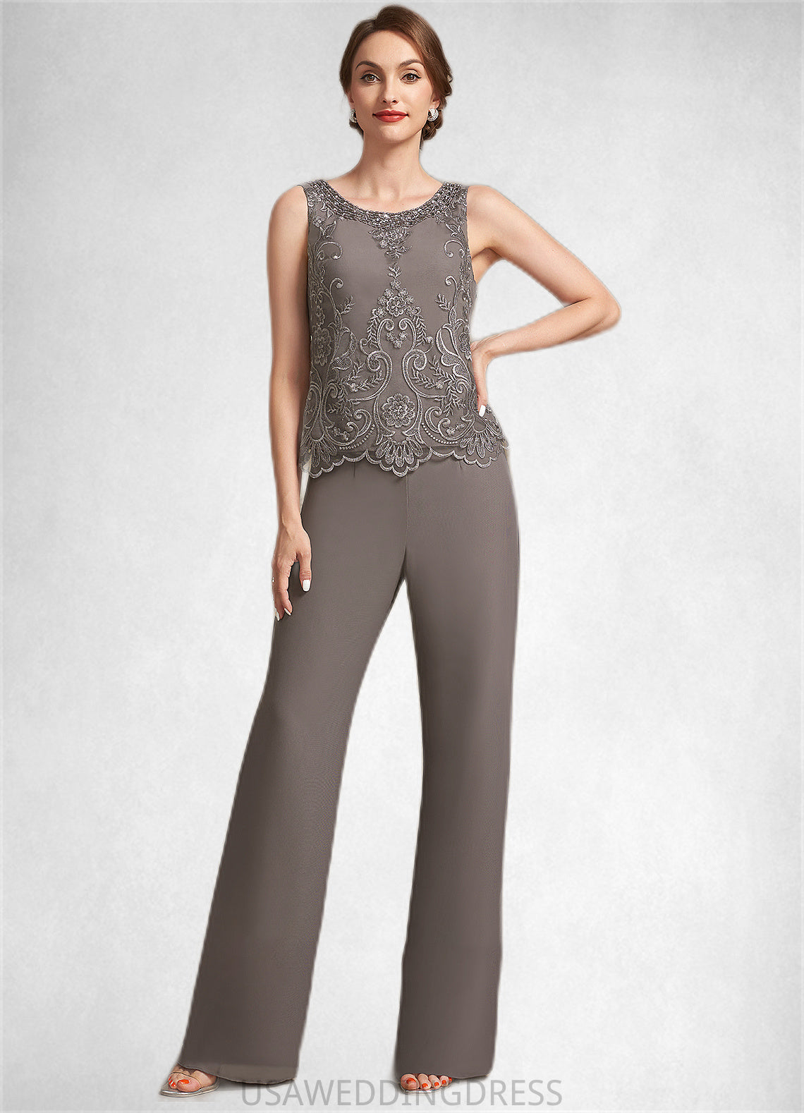 Amirah Jumpsuit/Pantsuit Scoop Neck Floor-Length Chiffon Lace Mother of the Bride Dress With Beading Sequins DS126P0014585