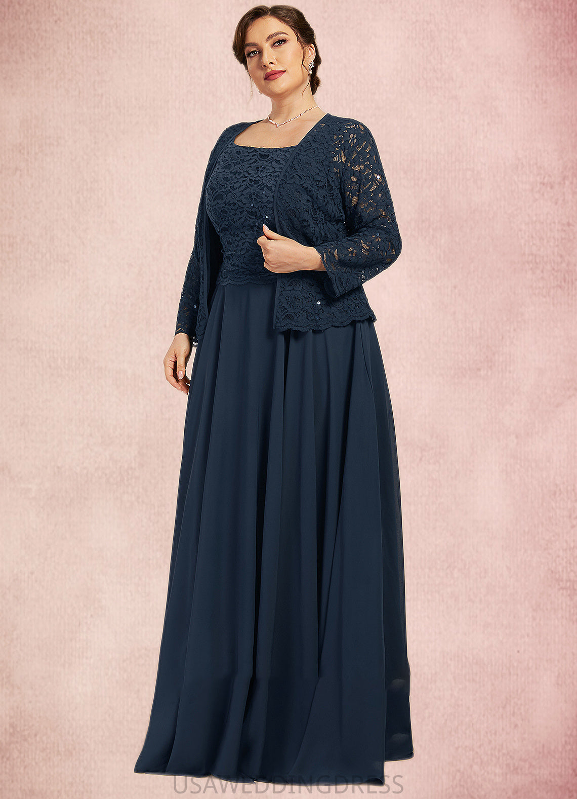 Macey A-Line Square Neckline Floor-Length Chiffon Lace Mother of the Bride Dress With Sequins DS126P0014587