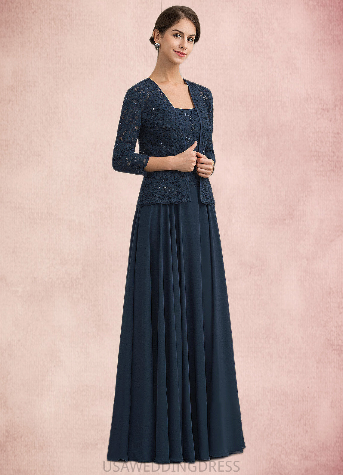 Macey A-Line Square Neckline Floor-Length Chiffon Lace Mother of the Bride Dress With Sequins DS126P0014587