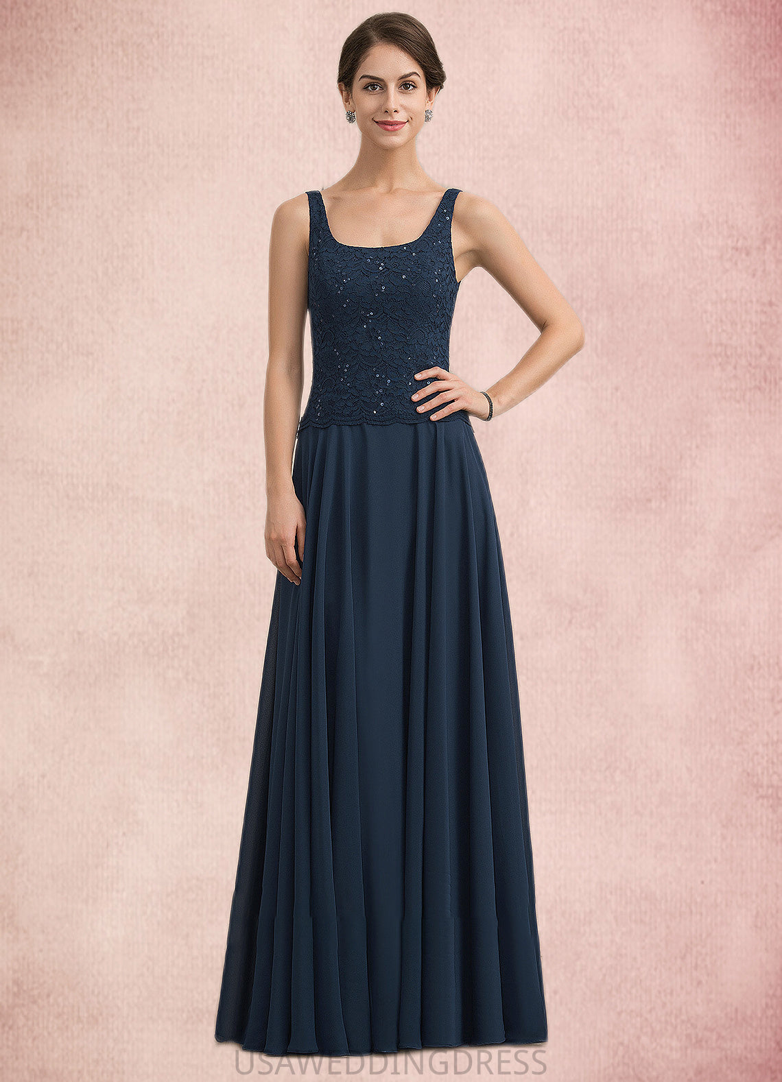 Macey A-Line Square Neckline Floor-Length Chiffon Lace Mother of the Bride Dress With Sequins DS126P0014587