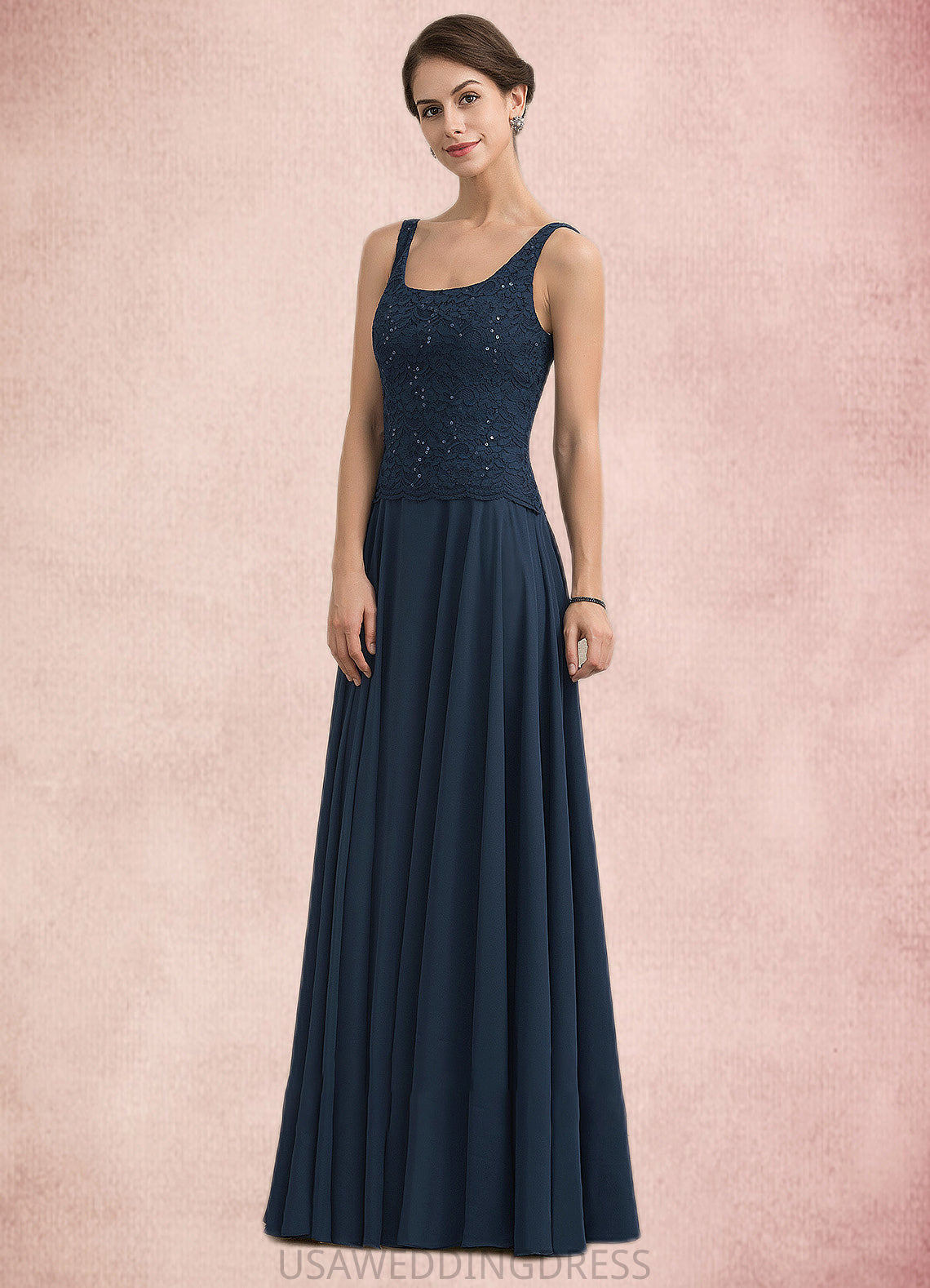 Macey A-Line Square Neckline Floor-Length Chiffon Lace Mother of the Bride Dress With Sequins DS126P0014587