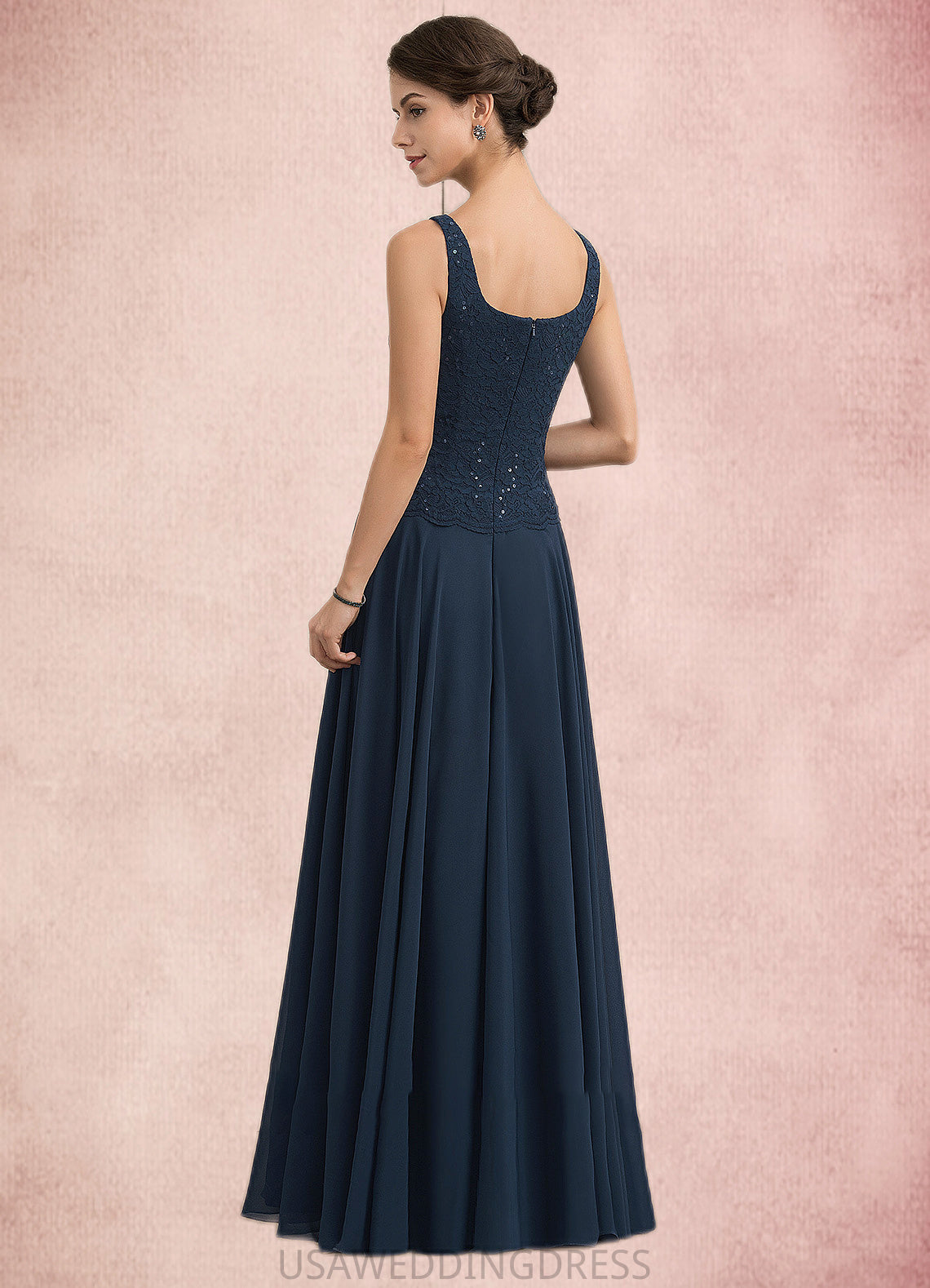 Macey A-Line Square Neckline Floor-Length Chiffon Lace Mother of the Bride Dress With Sequins DS126P0014587