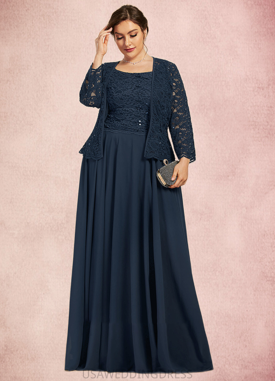 Macey A-Line Square Neckline Floor-Length Chiffon Lace Mother of the Bride Dress With Sequins DS126P0014587