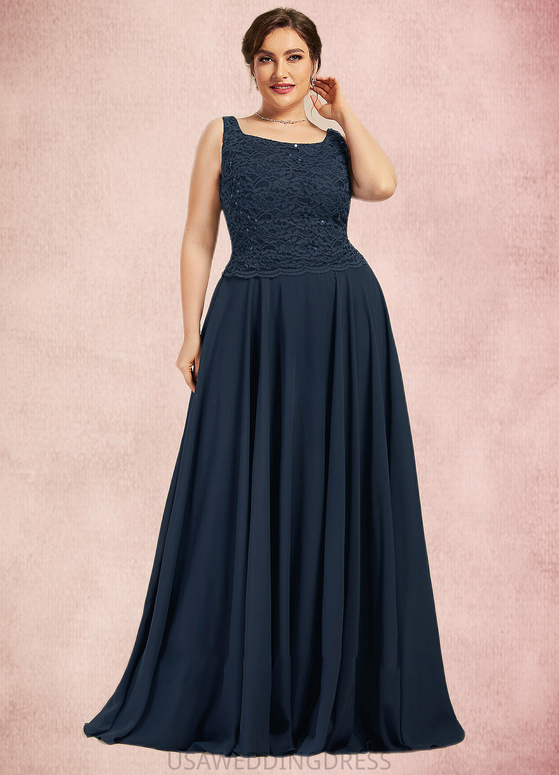 Macey A-Line Square Neckline Floor-Length Chiffon Lace Mother of the Bride Dress With Sequins DS126P0014587