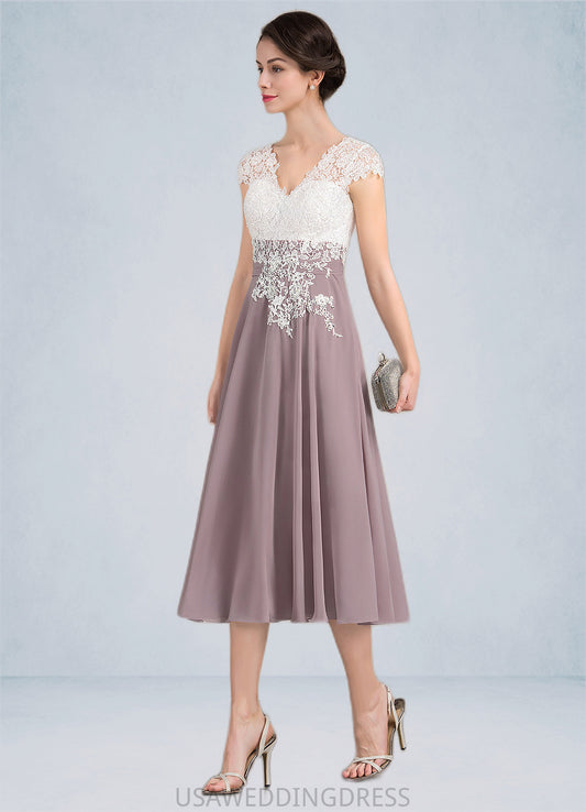 Scarlett A-Line V-neck Tea-Length Chiffon Lace Mother of the Bride Dress DS126P0014588