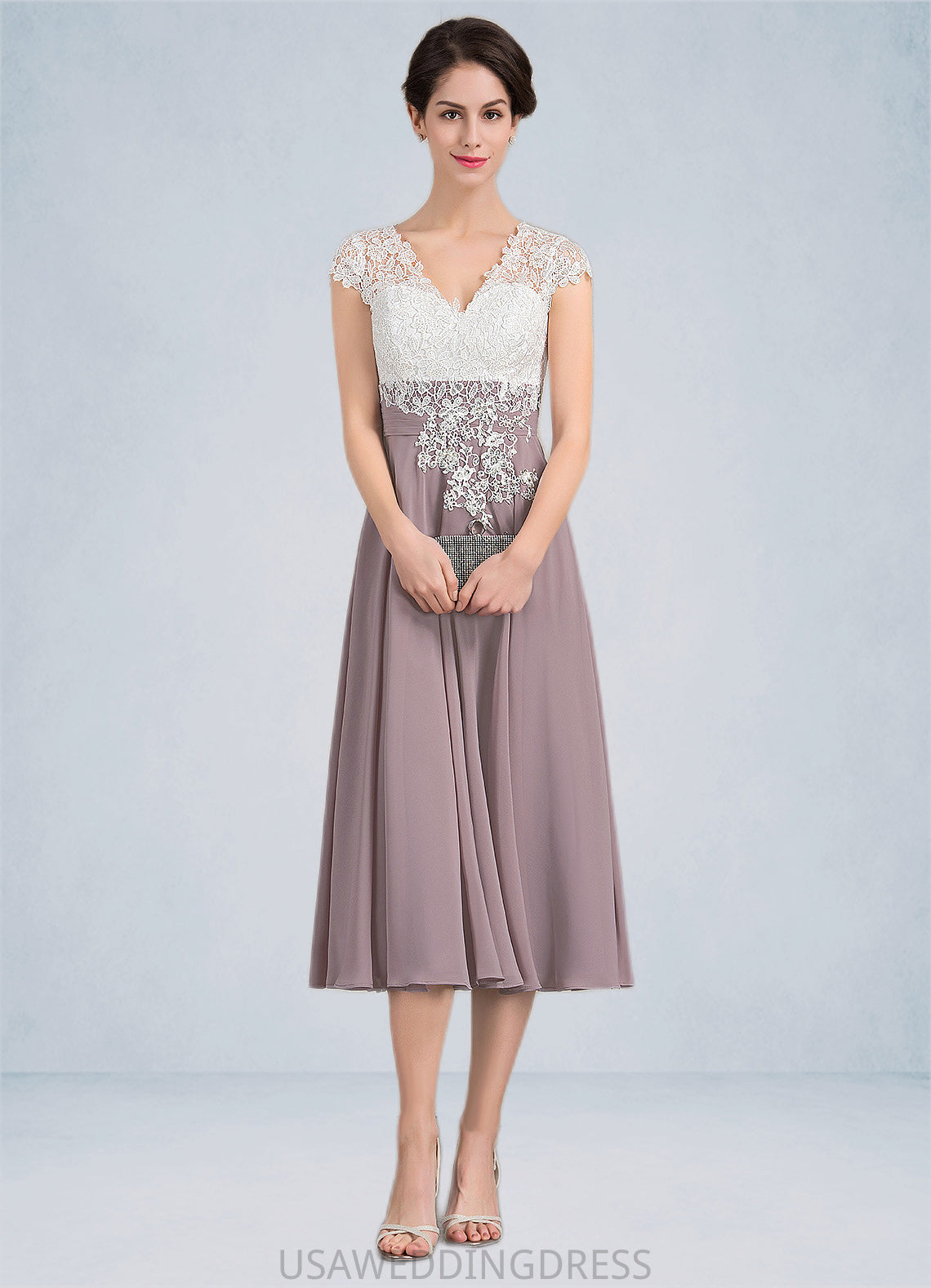 Scarlett A-Line V-neck Tea-Length Chiffon Lace Mother of the Bride Dress DS126P0014588