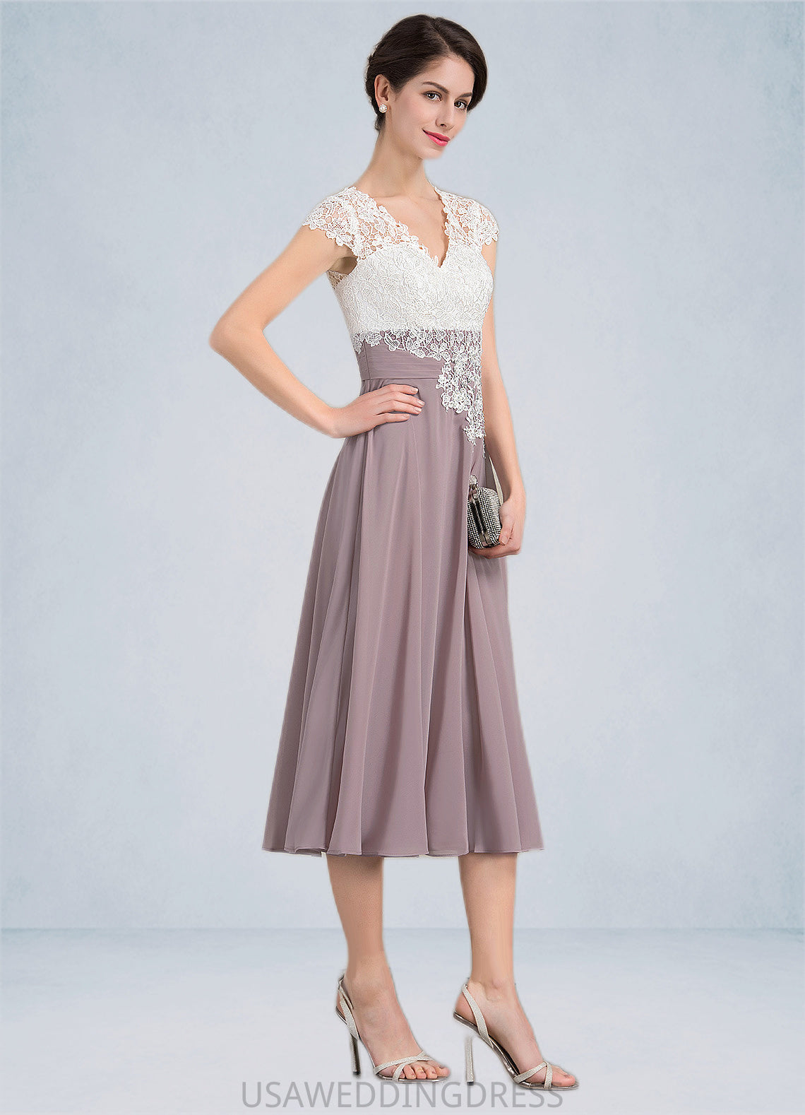 Scarlett A-Line V-neck Tea-Length Chiffon Lace Mother of the Bride Dress DS126P0014588