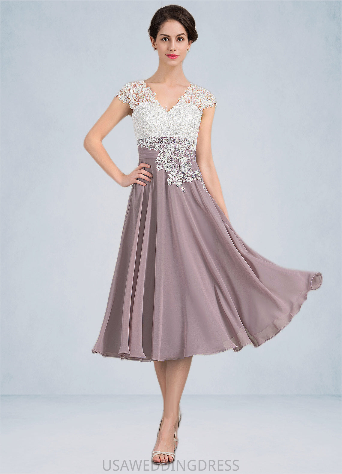 Scarlett A-Line V-neck Tea-Length Chiffon Lace Mother of the Bride Dress DS126P0014588