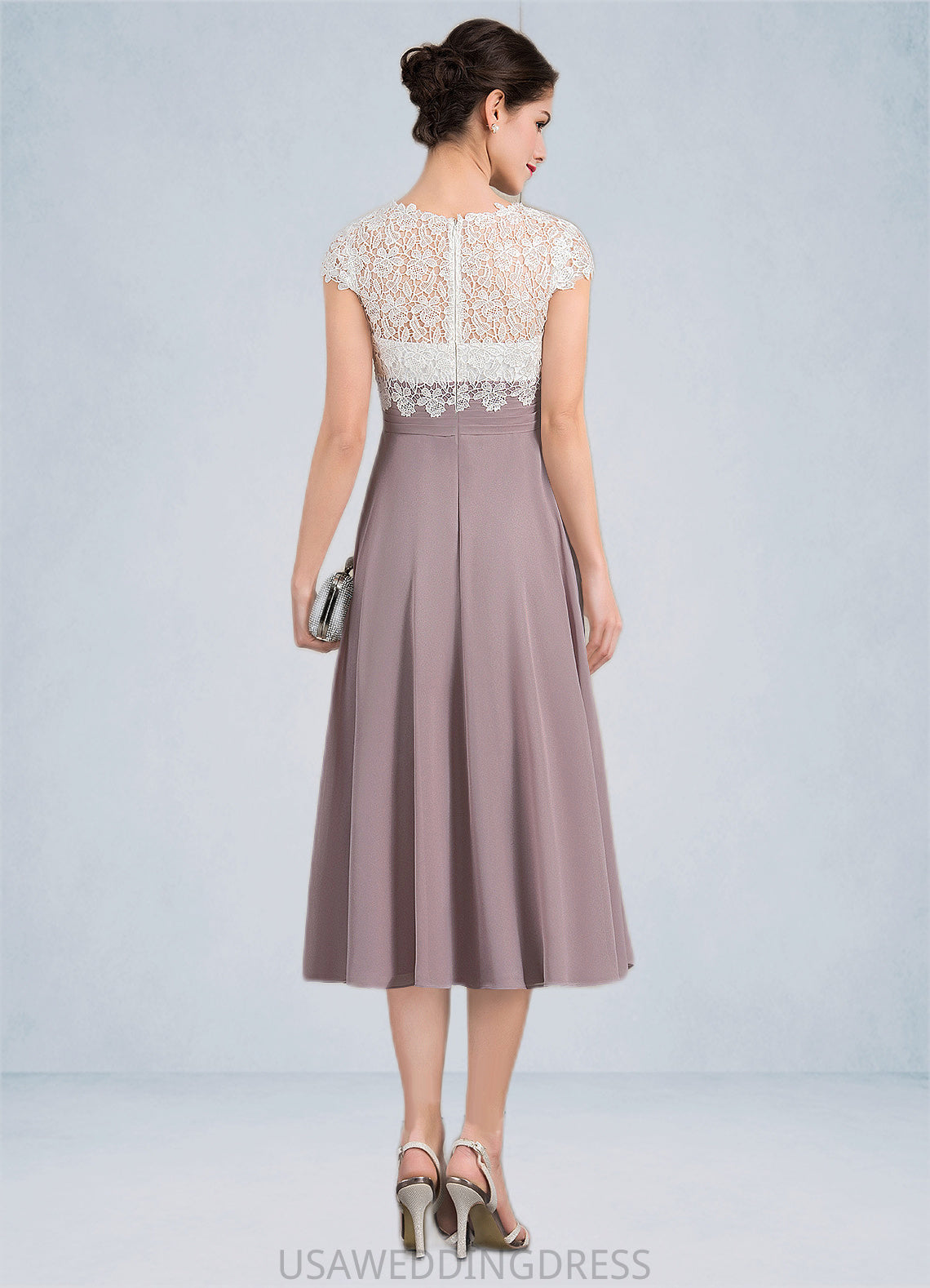 Scarlett A-Line V-neck Tea-Length Chiffon Lace Mother of the Bride Dress DS126P0014588