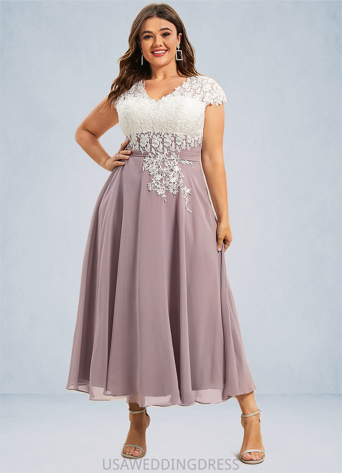 Scarlett A-Line V-neck Tea-Length Chiffon Lace Mother of the Bride Dress DS126P0014588