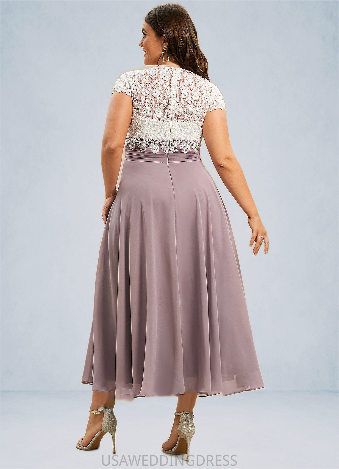 Scarlett A-Line V-neck Tea-Length Chiffon Lace Mother of the Bride Dress DS126P0014588