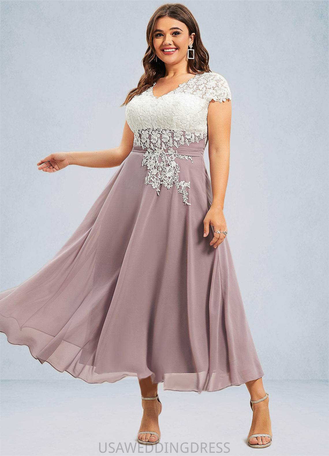 Scarlett A-Line V-neck Tea-Length Chiffon Lace Mother of the Bride Dress DS126P0014588