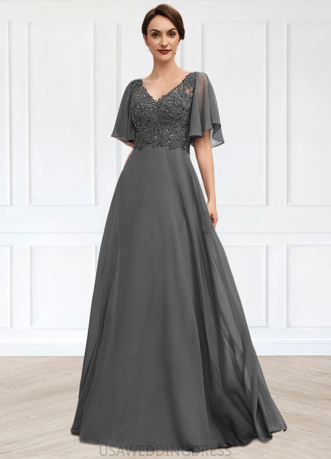 Adriana A-line V-Neck Floor-Length Chiffon Lace Mother of the Bride Dress With Beading Sequins DS126P0014589