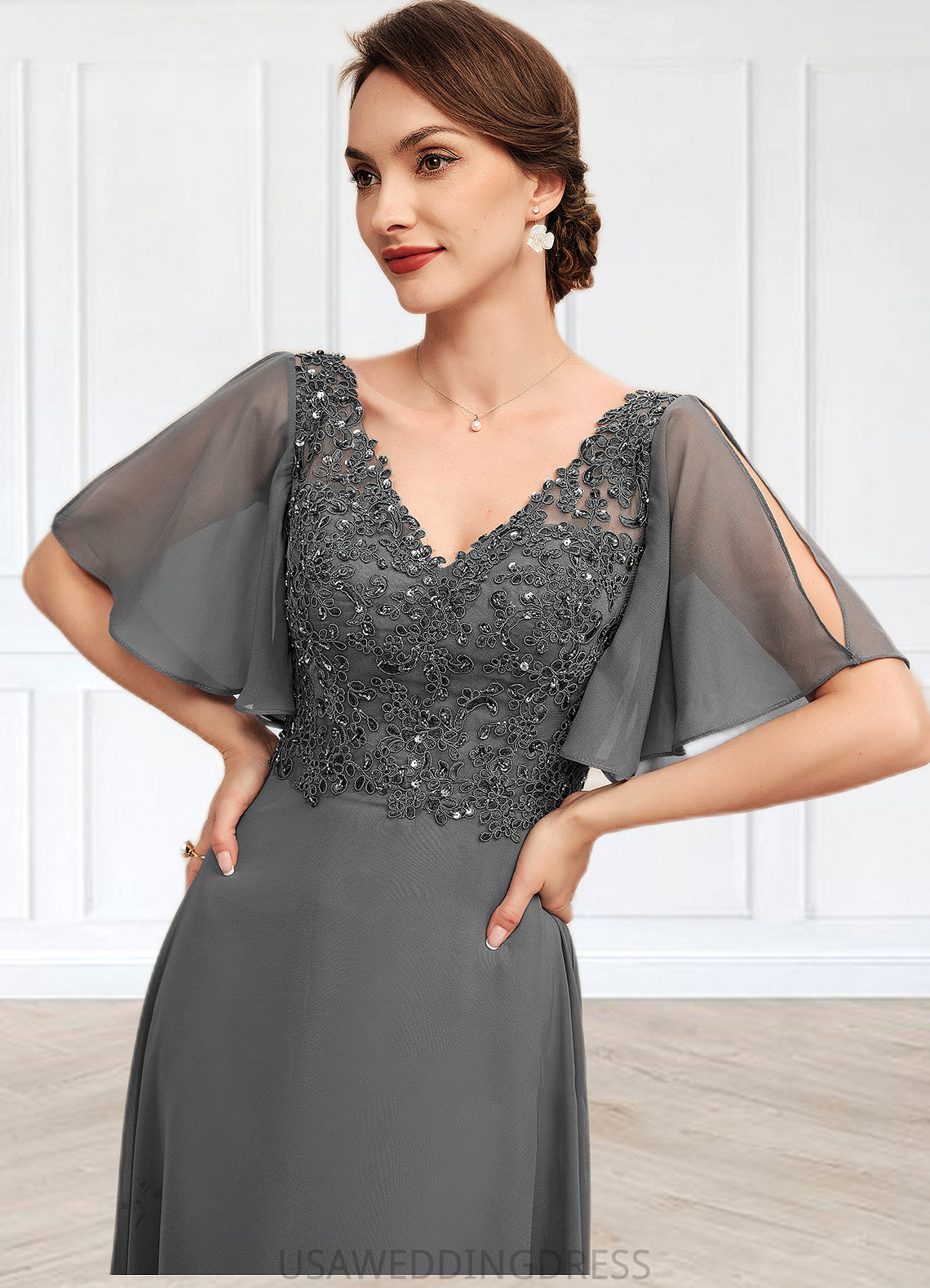 Adriana A-line V-Neck Floor-Length Chiffon Lace Mother of the Bride Dress With Beading Sequins DS126P0014589