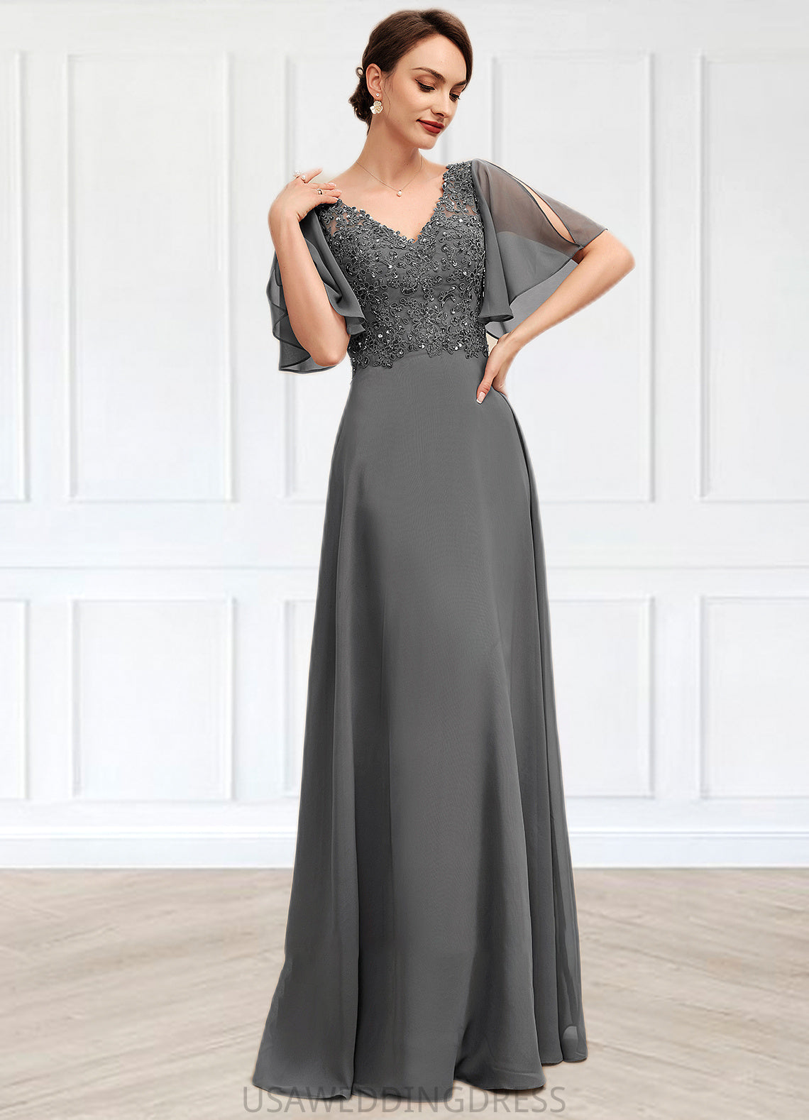 Adriana A-line V-Neck Floor-Length Chiffon Lace Mother of the Bride Dress With Beading Sequins DS126P0014589