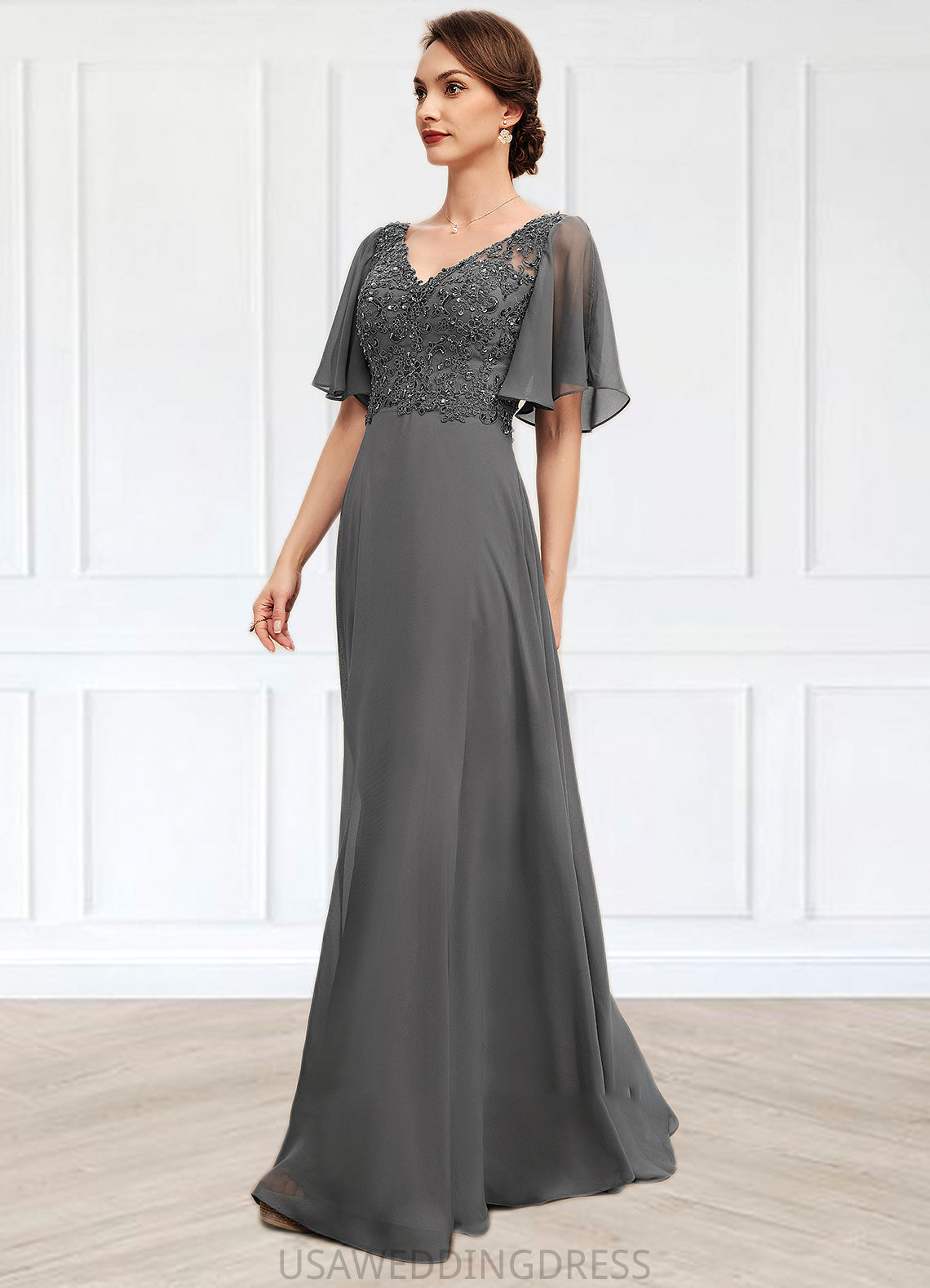 Adriana A-line V-Neck Floor-Length Chiffon Lace Mother of the Bride Dress With Beading Sequins DS126P0014589