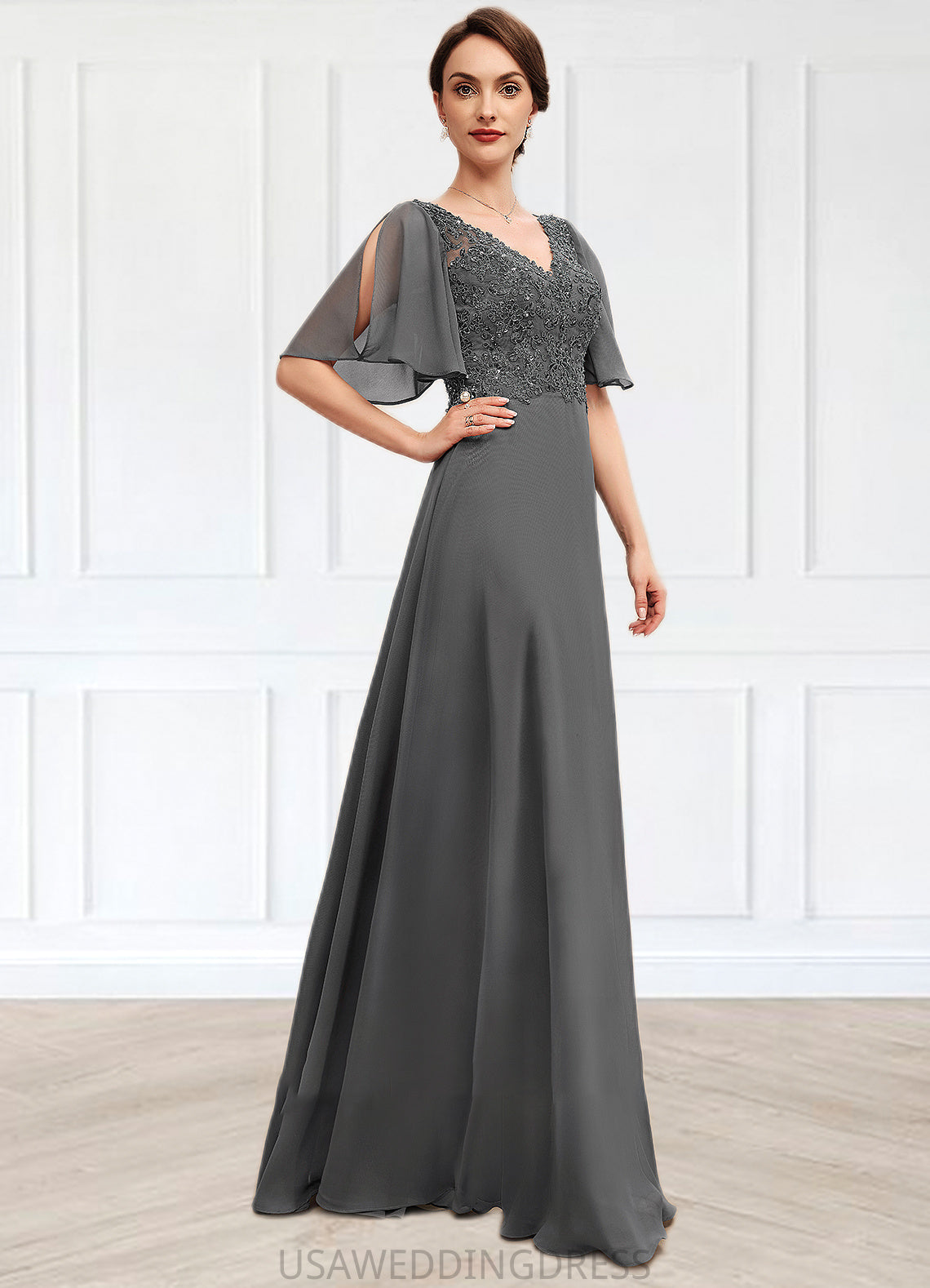 Adriana A-line V-Neck Floor-Length Chiffon Lace Mother of the Bride Dress With Beading Sequins DS126P0014589