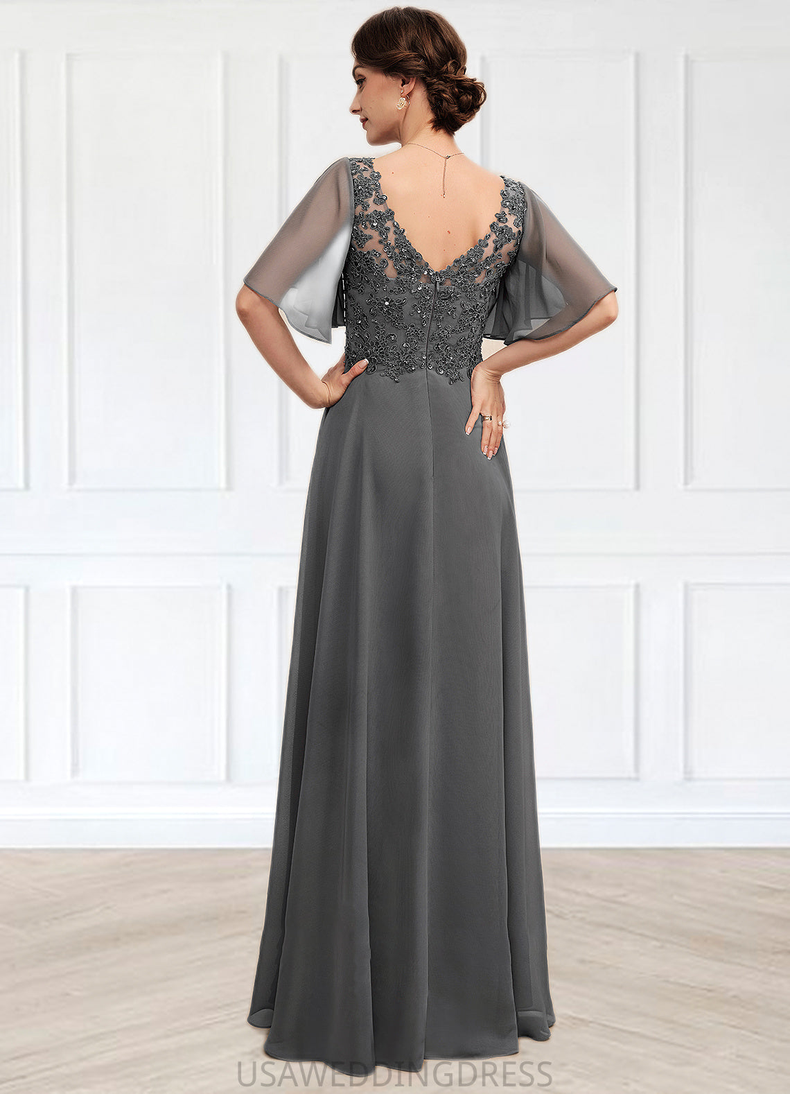 Adriana A-line V-Neck Floor-Length Chiffon Lace Mother of the Bride Dress With Beading Sequins DS126P0014589