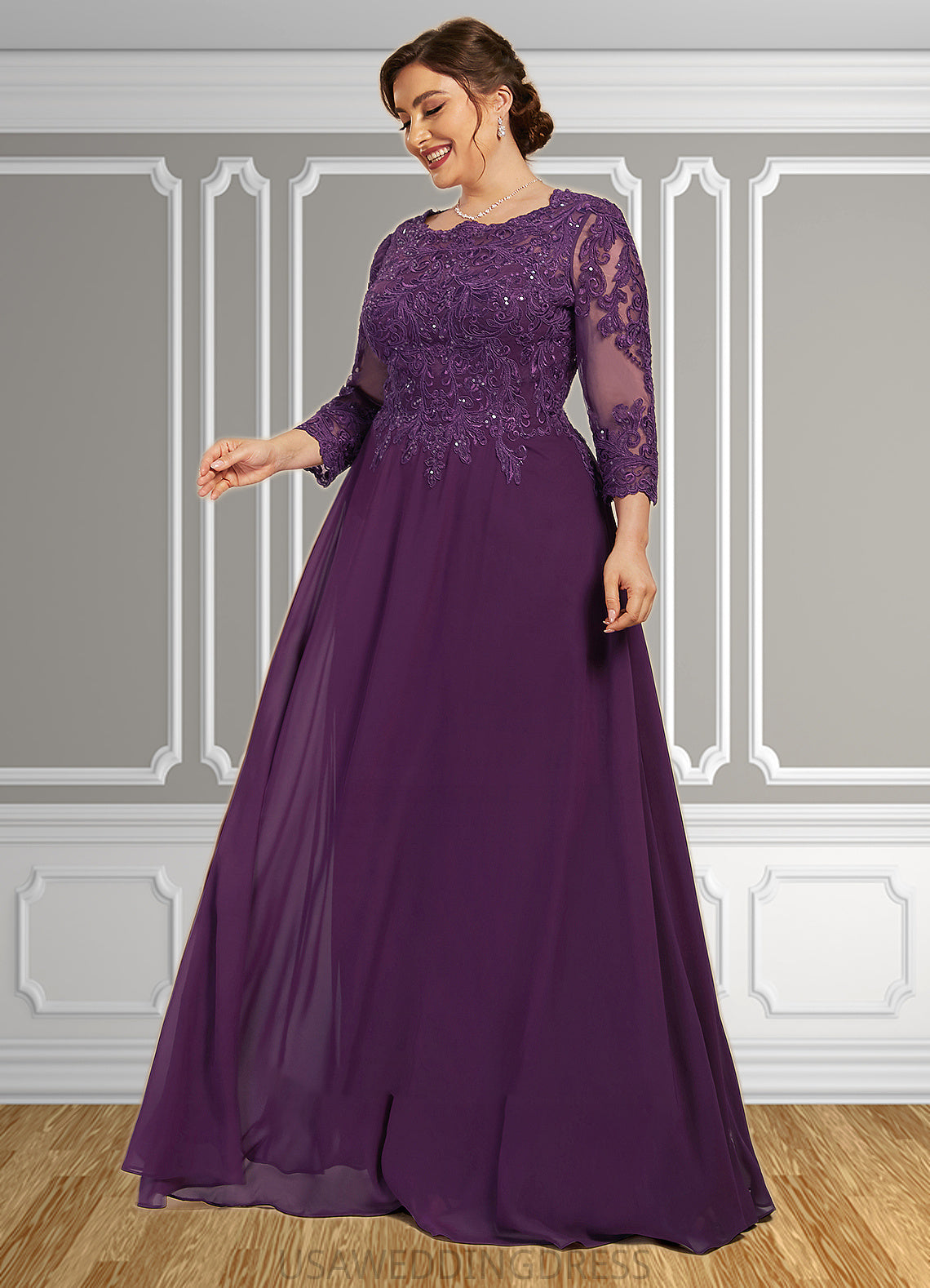 Melissa A-Line Scoop Neck Floor-Length Chiffon Lace Mother of the Bride Dress With Sequins DS126P0014590