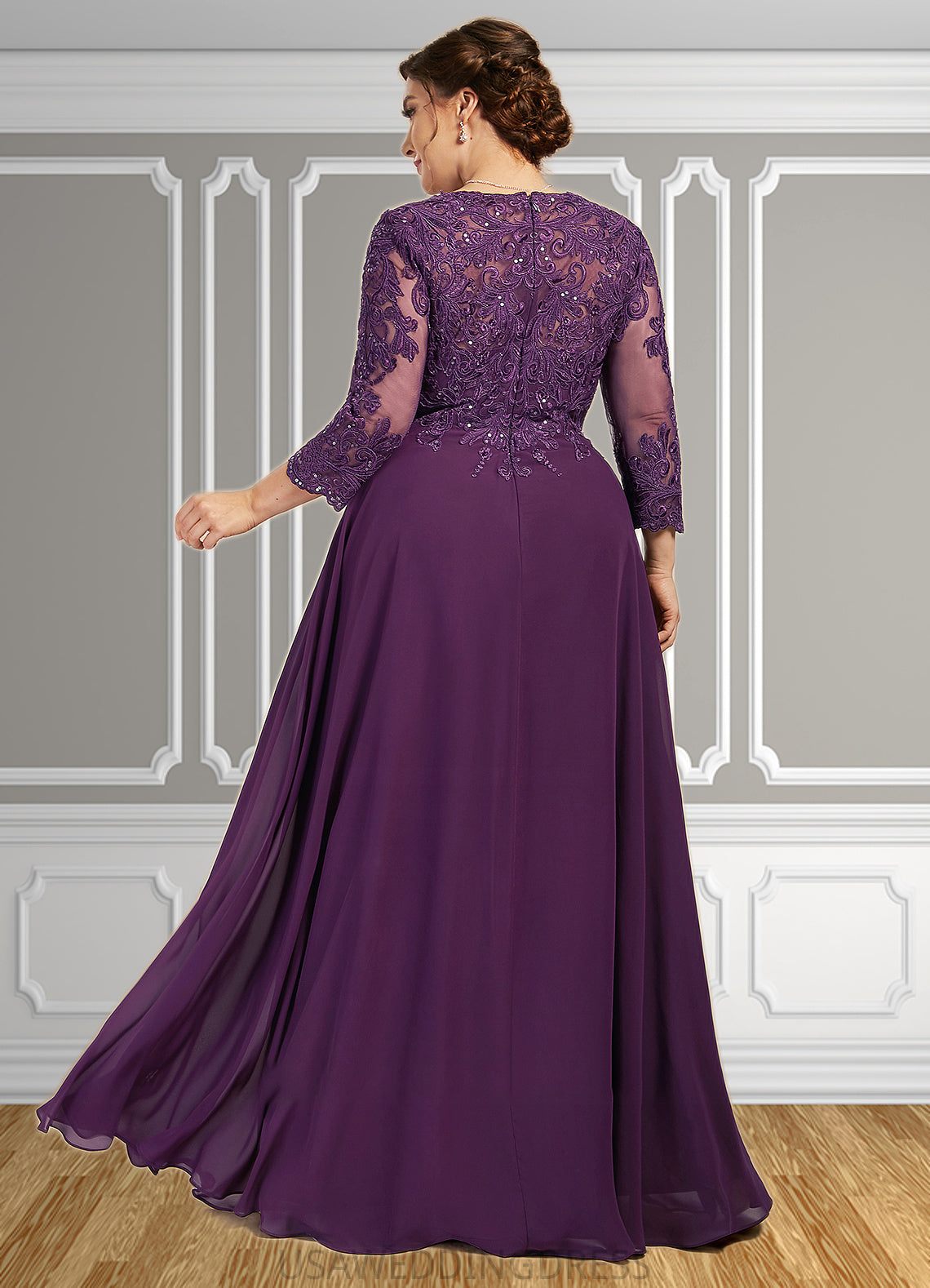 Melissa A-Line Scoop Neck Floor-Length Chiffon Lace Mother of the Bride Dress With Sequins DS126P0014590