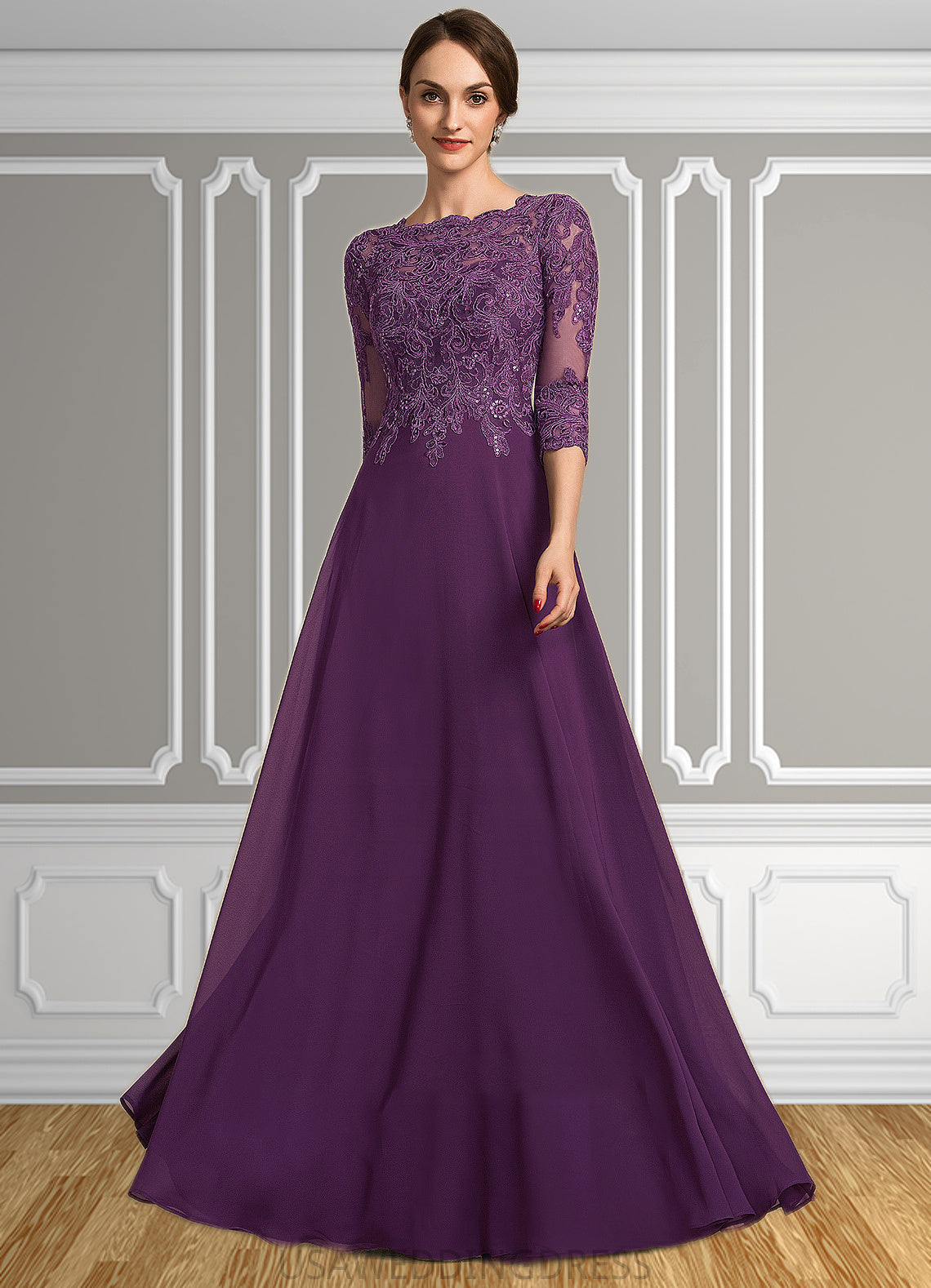 Melissa A-Line Scoop Neck Floor-Length Chiffon Lace Mother of the Bride Dress With Sequins DS126P0014590