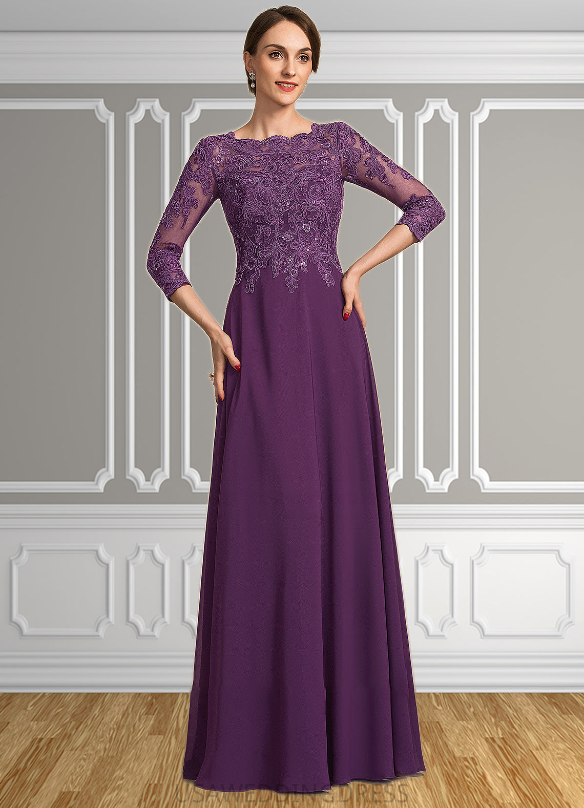 Melissa A-Line Scoop Neck Floor-Length Chiffon Lace Mother of the Bride Dress With Sequins DS126P0014590