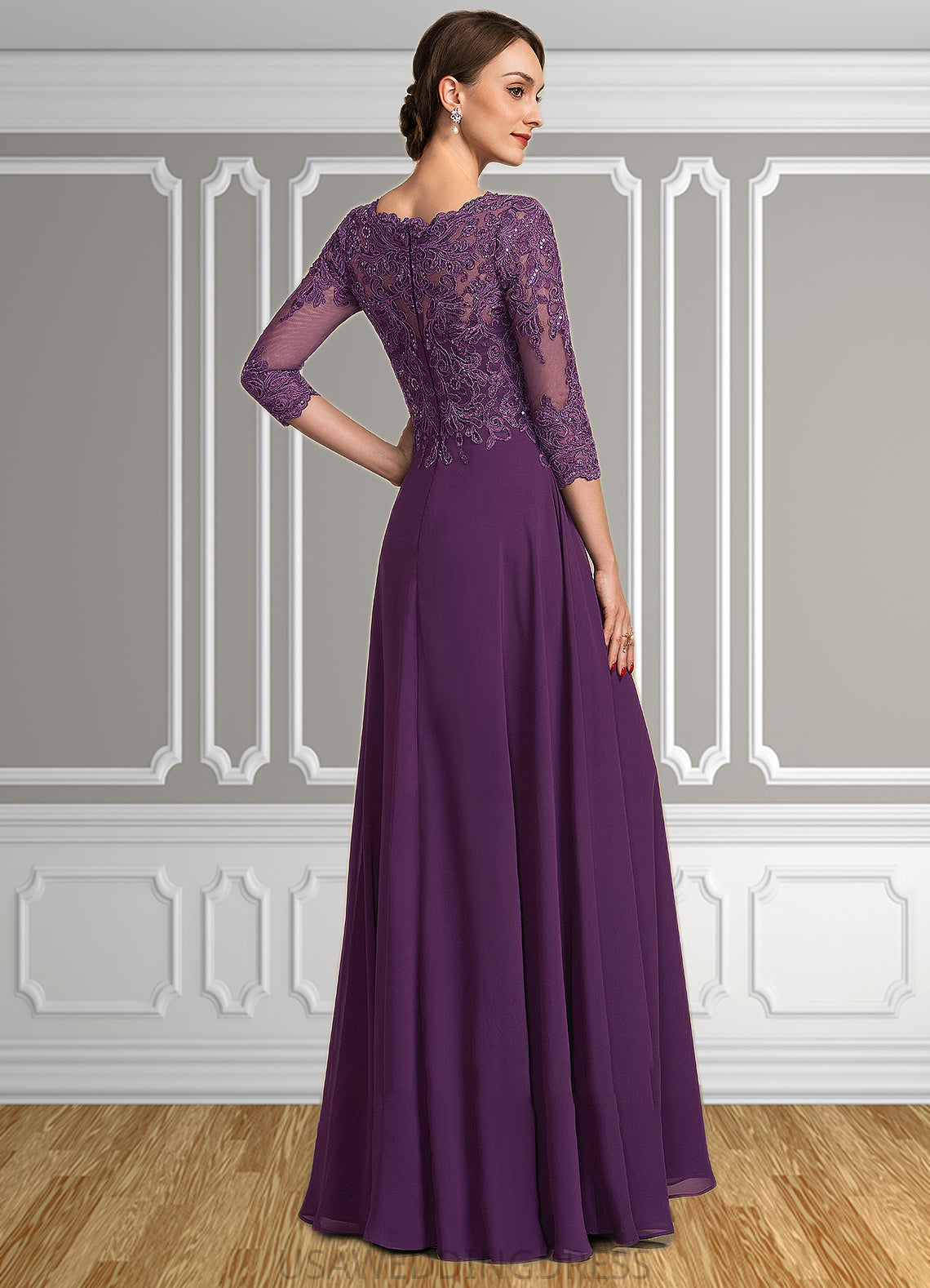 Melissa A-Line Scoop Neck Floor-Length Chiffon Lace Mother of the Bride Dress With Sequins DS126P0014590