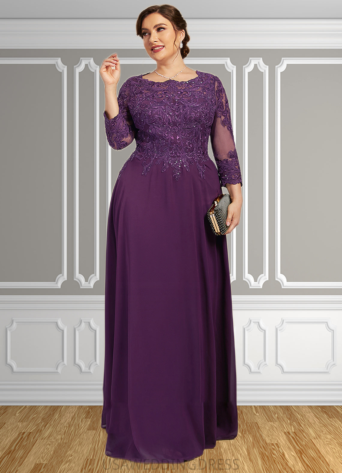 Melissa A-Line Scoop Neck Floor-Length Chiffon Lace Mother of the Bride Dress With Sequins DS126P0014590