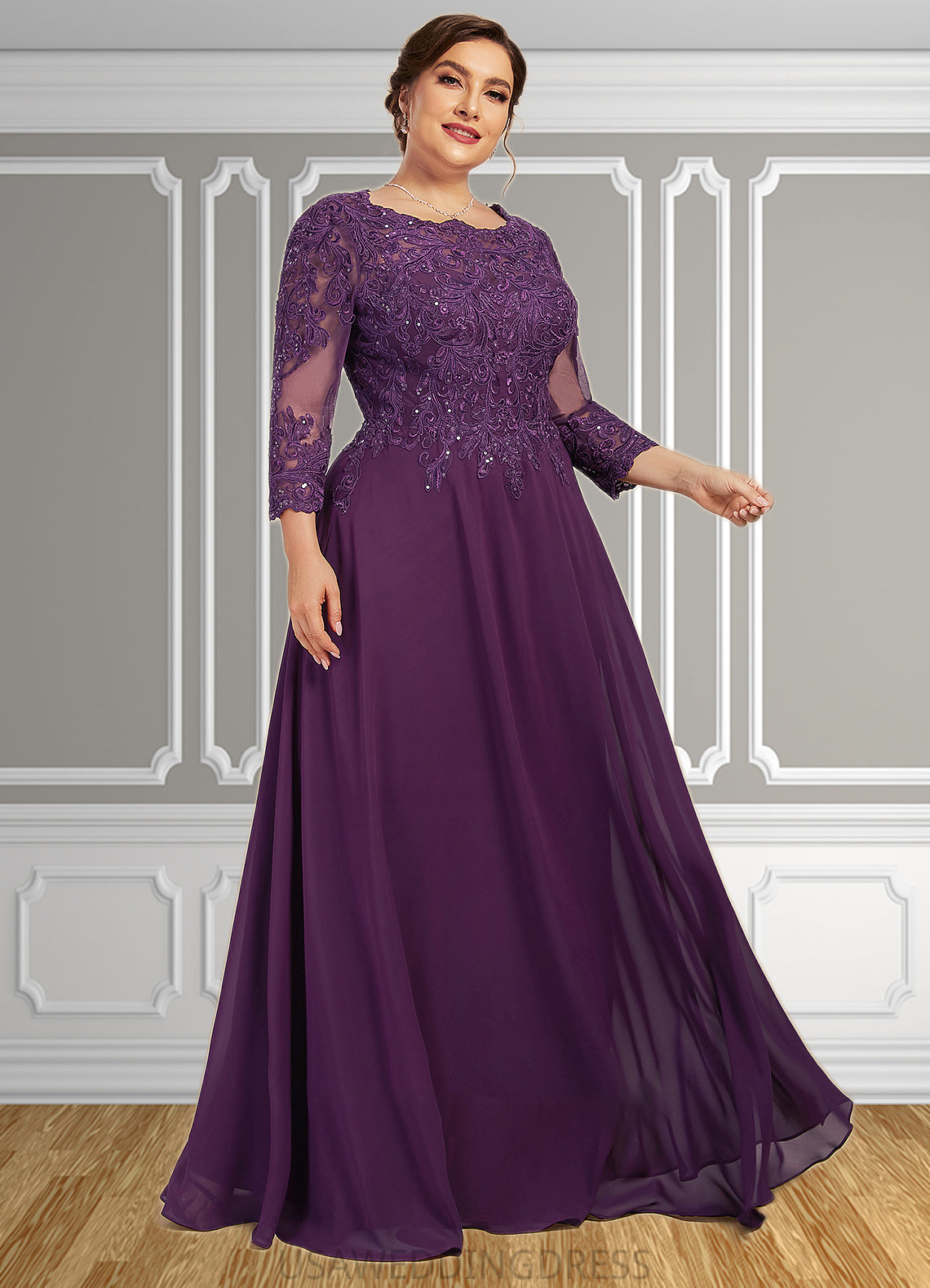 Melissa A-Line Scoop Neck Floor-Length Chiffon Lace Mother of the Bride Dress With Sequins DS126P0014590