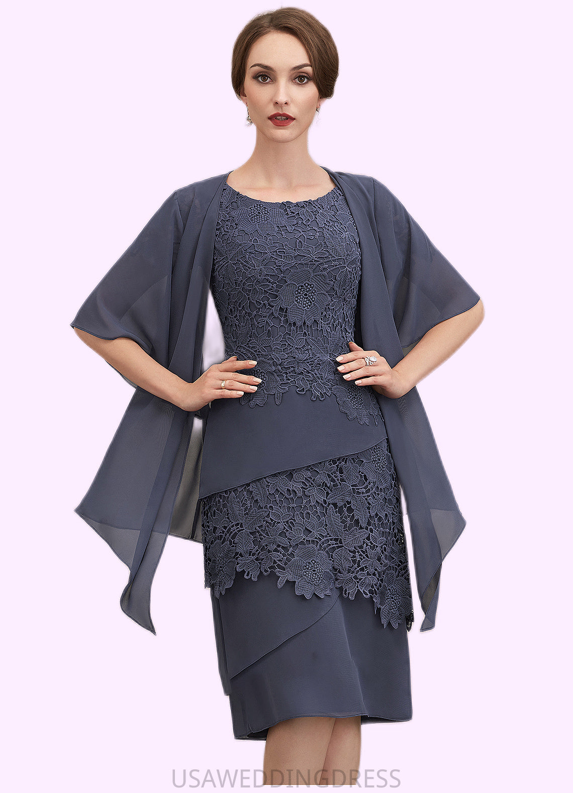 Kennedy Sheath/Column Scoop Neck Knee-Length Chiffon Lace Mother of the Bride Dress DS126P0014591