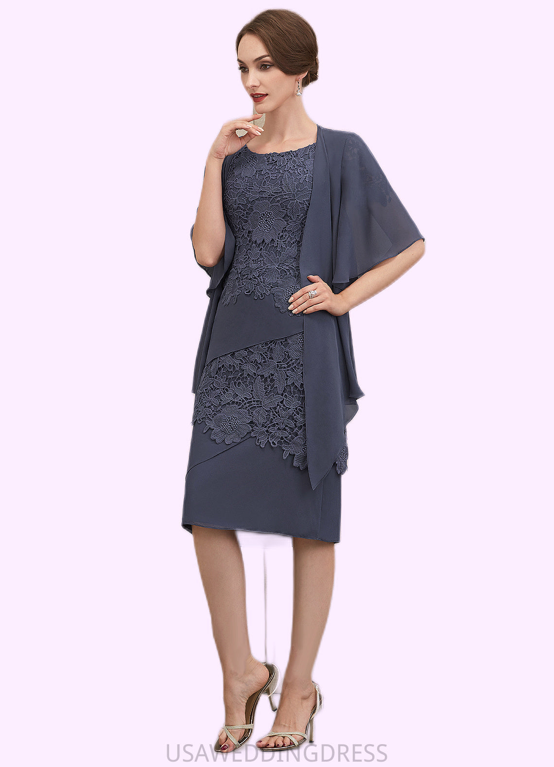 Kennedy Sheath/Column Scoop Neck Knee-Length Chiffon Lace Mother of the Bride Dress DS126P0014591