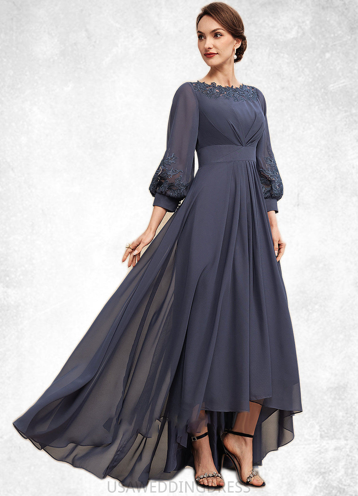 Aurora A-Line Scoop Neck Asymmetrical Chiffon Mother of the Bride Dress With Ruffle Appliques Lace DS126P0014592