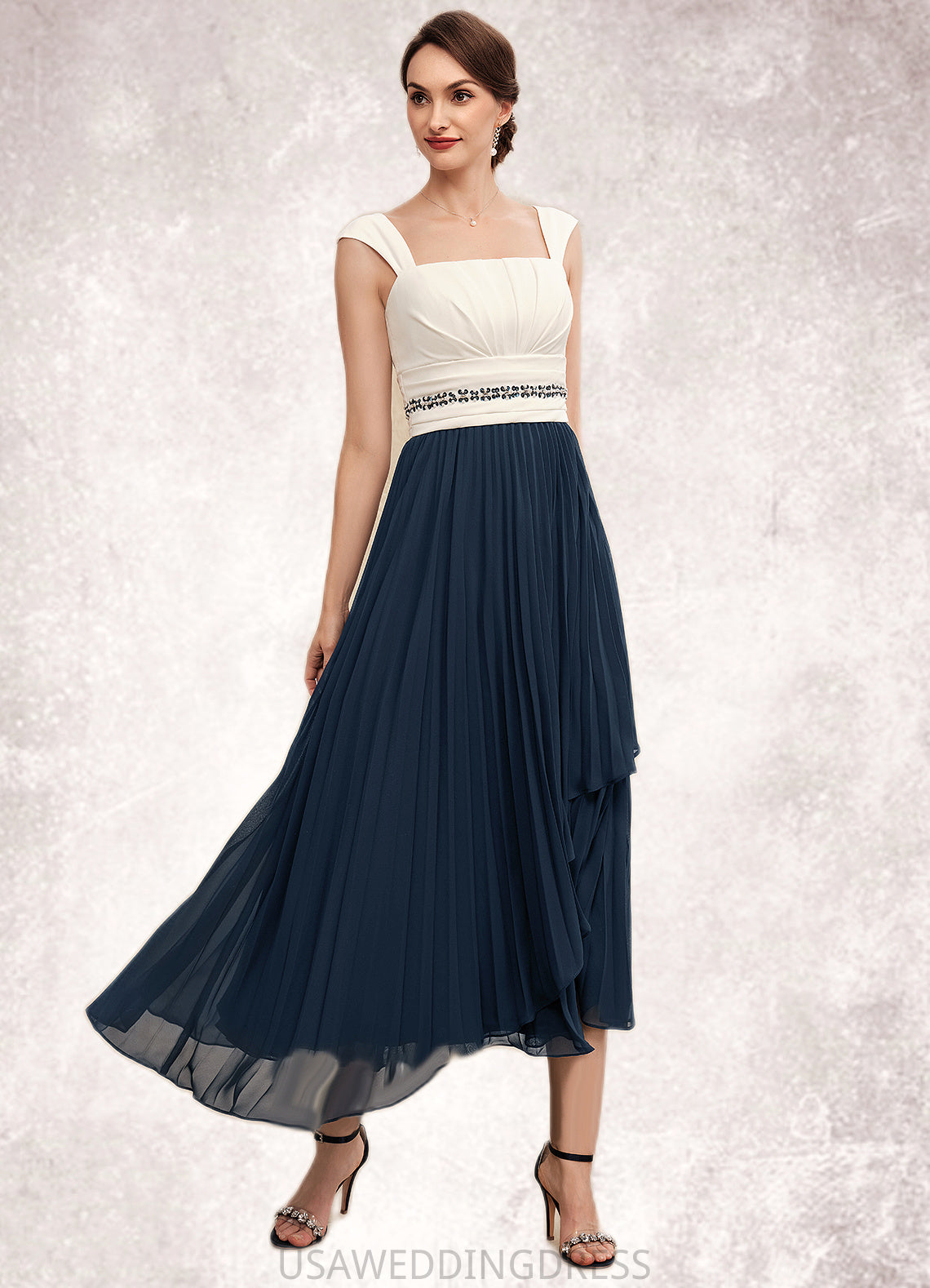 Desiree A-Line Square Neckline Tea-Length Chiffon Mother of the Bride Dress With Beading Sequins Pleated DS126P0014594