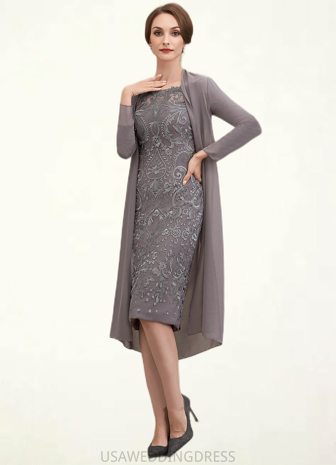 Julia Sheath/Column Off-the-Shoulder Knee-Length Lace Mother of the Bride Dress DS126P0014595