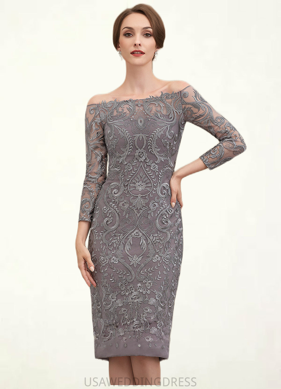 Julia Sheath/Column Off-the-Shoulder Knee-Length Lace Mother of the Bride Dress DS126P0014595