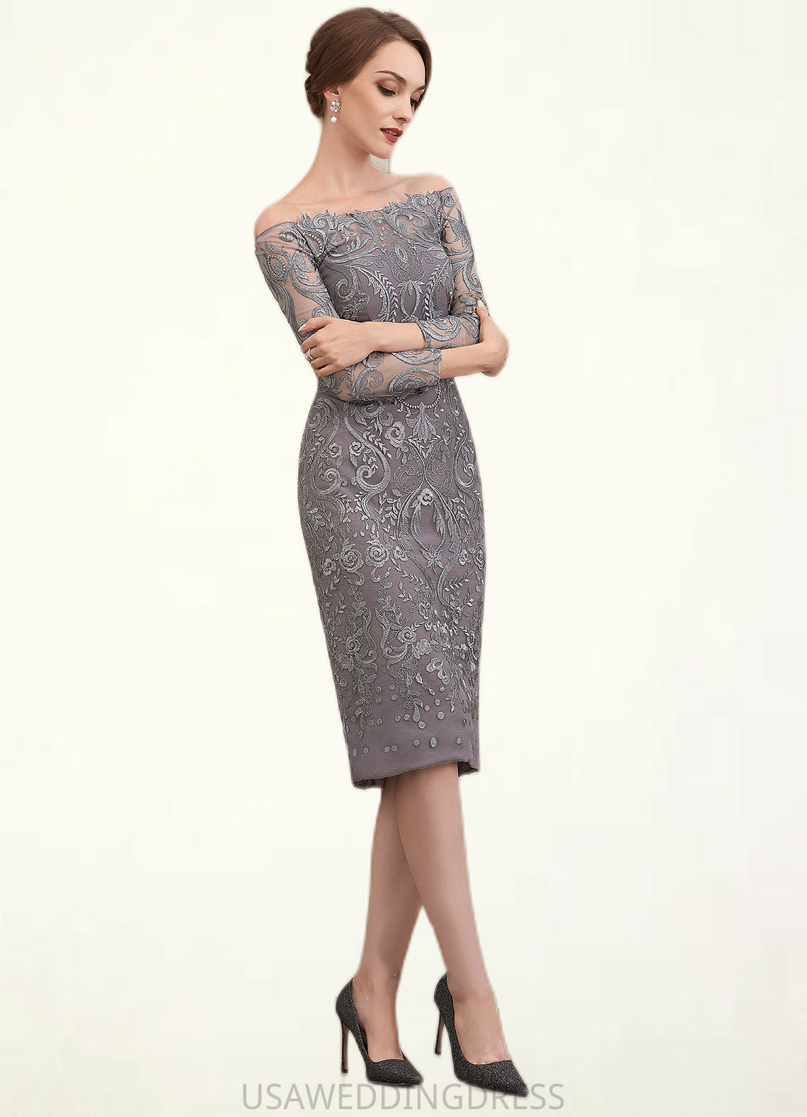 Julia Sheath/Column Off-the-Shoulder Knee-Length Lace Mother of the Bride Dress DS126P0014595