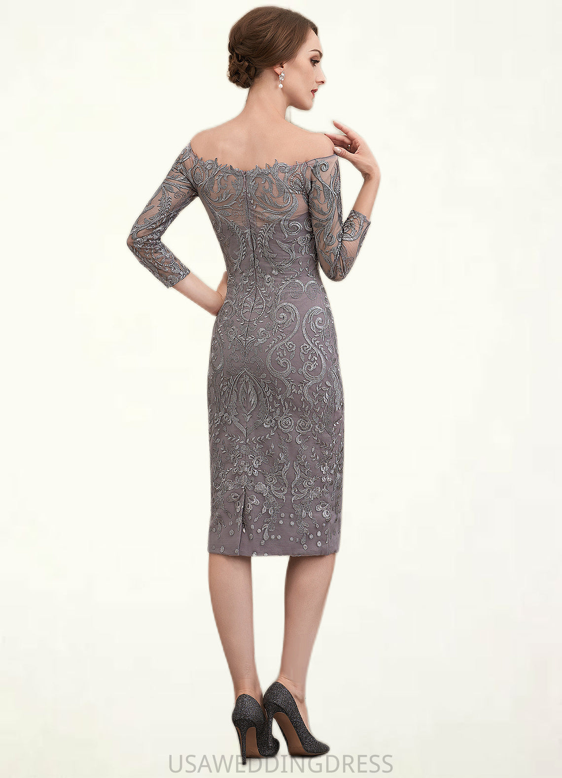 Julia Sheath/Column Off-the-Shoulder Knee-Length Lace Mother of the Bride Dress DS126P0014595