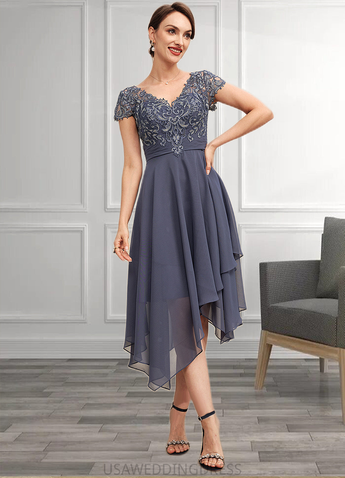 Eden A-Line V-neck Asymmetrical Chiffon Lace Mother of the Bride Dress With Ruffle DS126P0014596