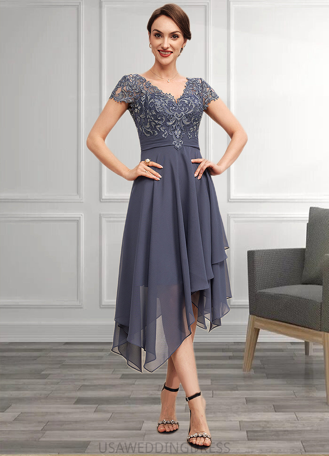 Eden A-Line V-neck Asymmetrical Chiffon Lace Mother of the Bride Dress With Ruffle DS126P0014596