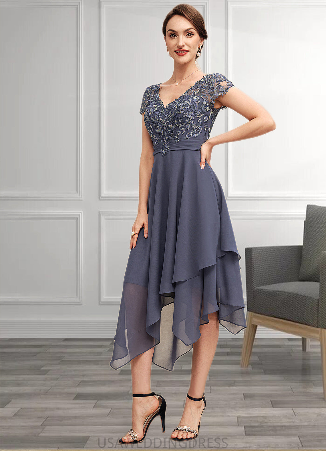 Eden A-Line V-neck Asymmetrical Chiffon Lace Mother of the Bride Dress With Ruffle DS126P0014596