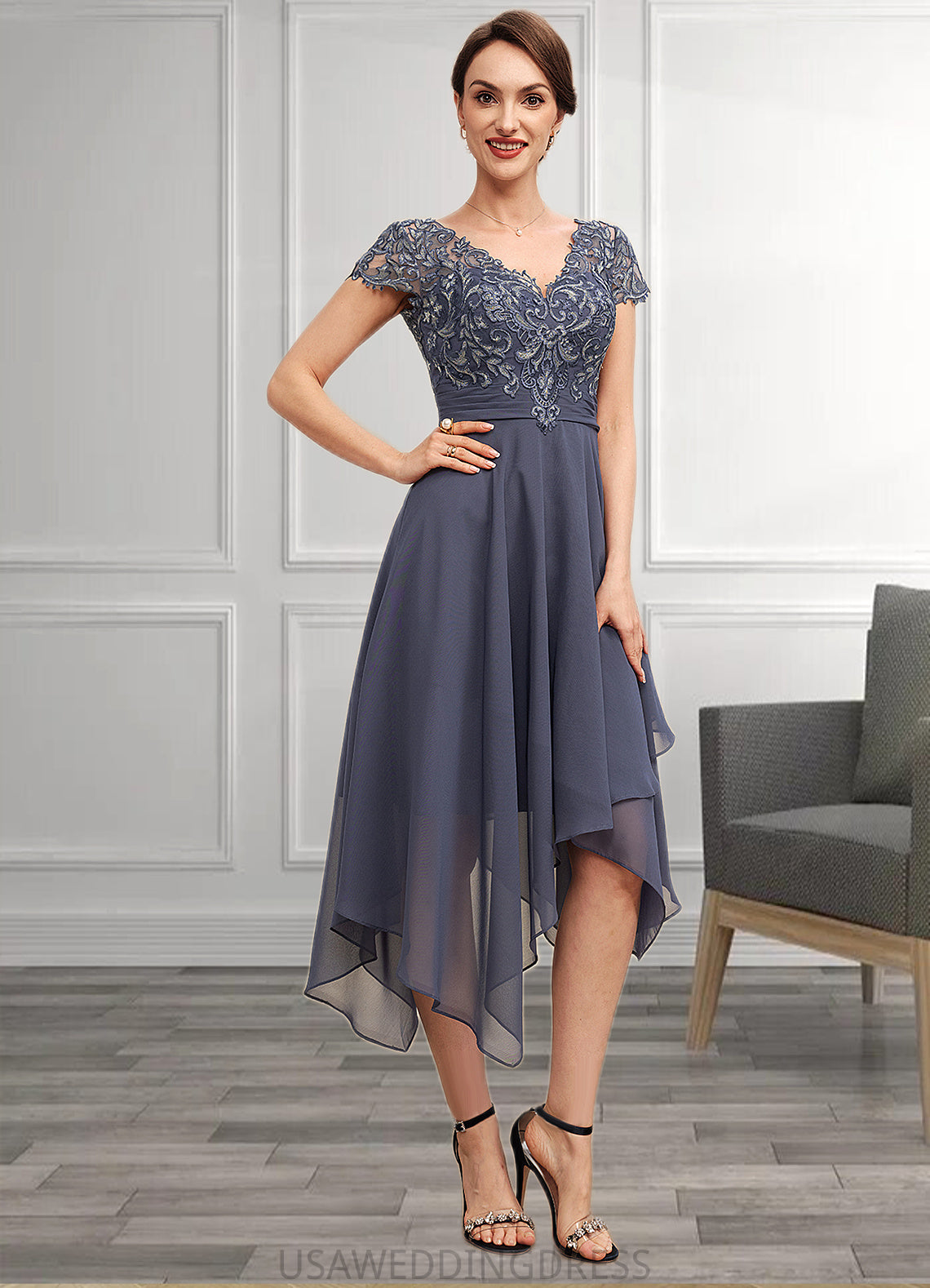 Eden A-Line V-neck Asymmetrical Chiffon Lace Mother of the Bride Dress With Ruffle DS126P0014596