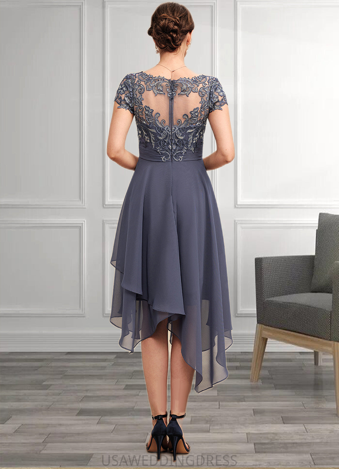 Eden A-Line V-neck Asymmetrical Chiffon Lace Mother of the Bride Dress With Ruffle DS126P0014596